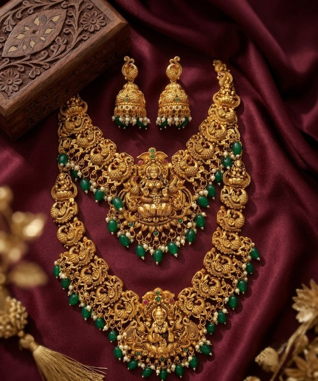Jewel City Gold Temple Jewelry Set With Peacock Jhumkas & Green Beads | Grocsy