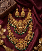 Jewel City Gold Temple Jewelry Set With Peacock Jhumkas & Green Beads | Grocsy