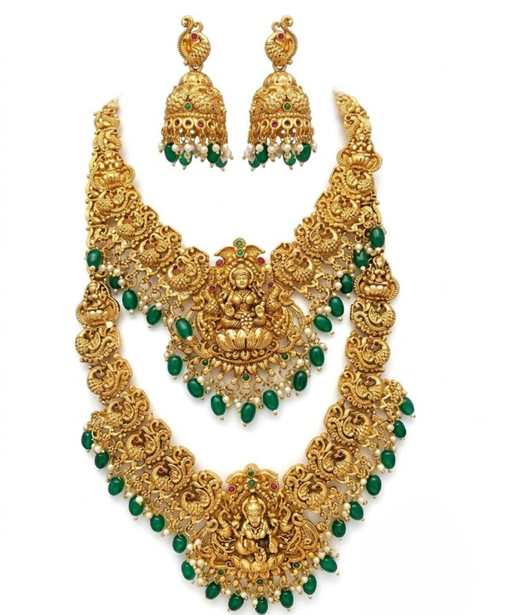 Jewel City Gold Temple Jewelry Set With Peacock Jhumkas & Green Beads | Grocsy