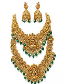 Jewel City Gold Temple Jewelry Set With Peacock Jhumkas & Green Beads | Grocsy