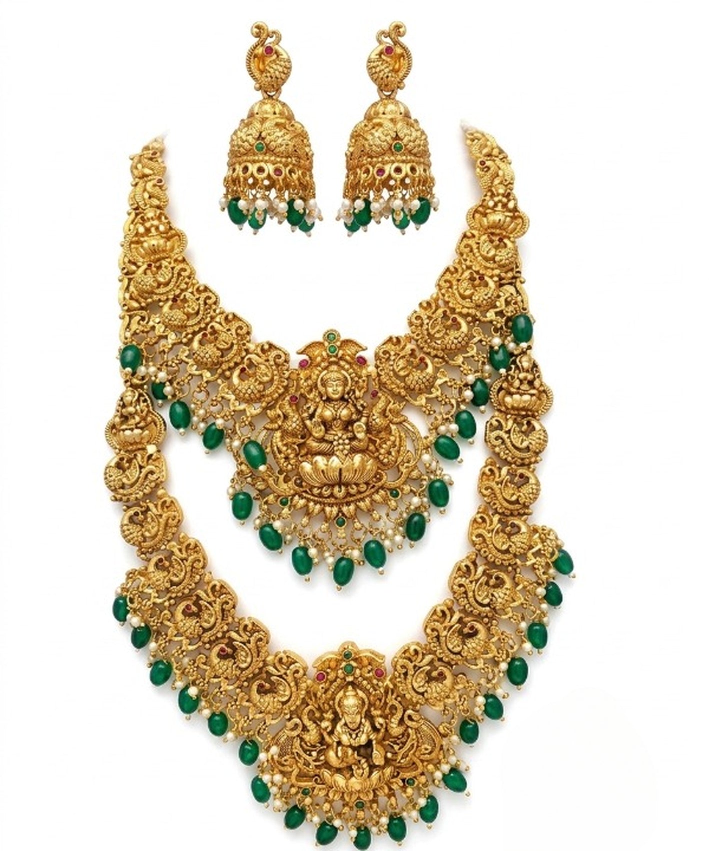 Jewel City Gold Temple Jewelry Set With Peacock Jhumkas & Green Beads | Grocsy