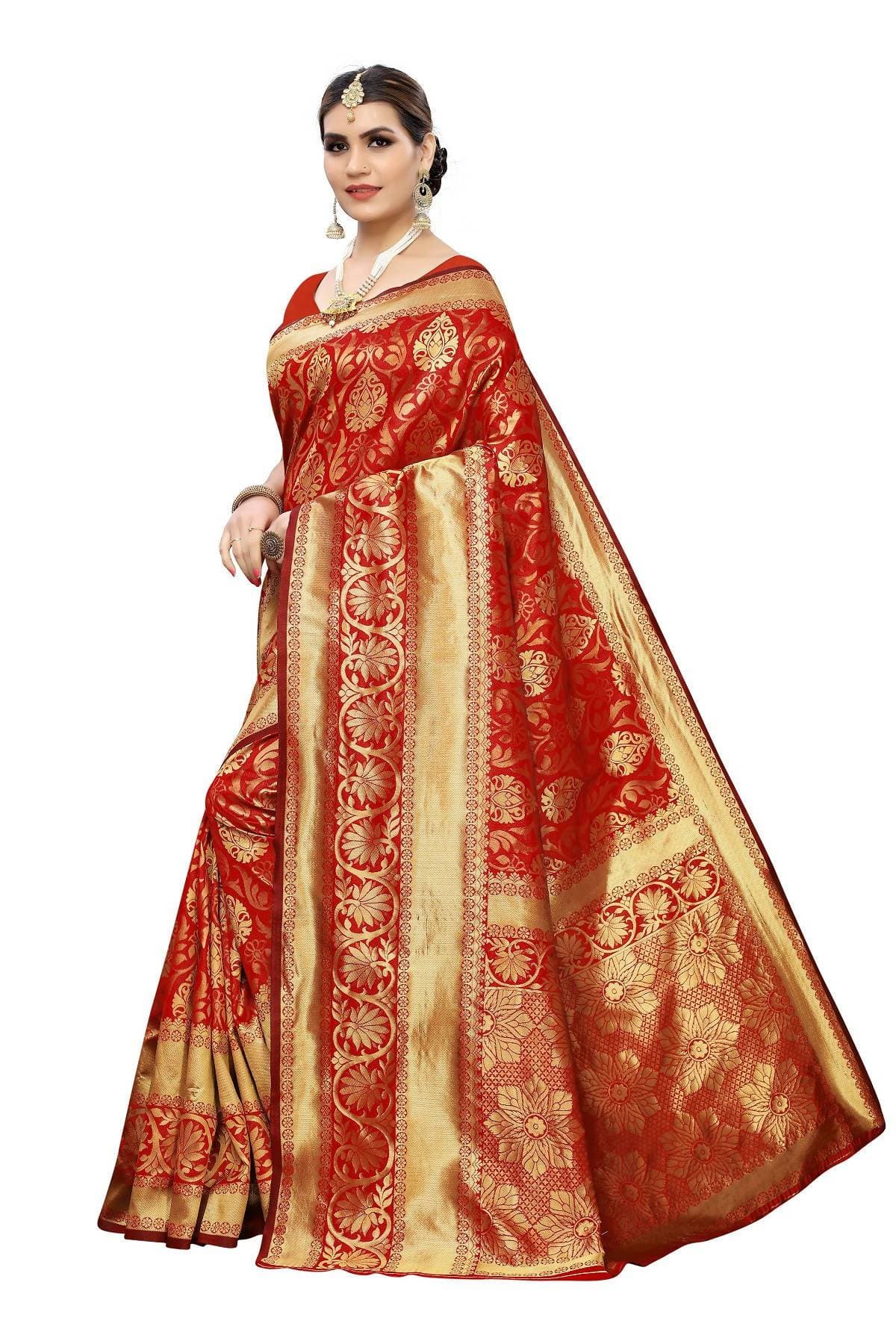Vamika Banarasi Jaquard Red Weaving Saree | Grocsy
