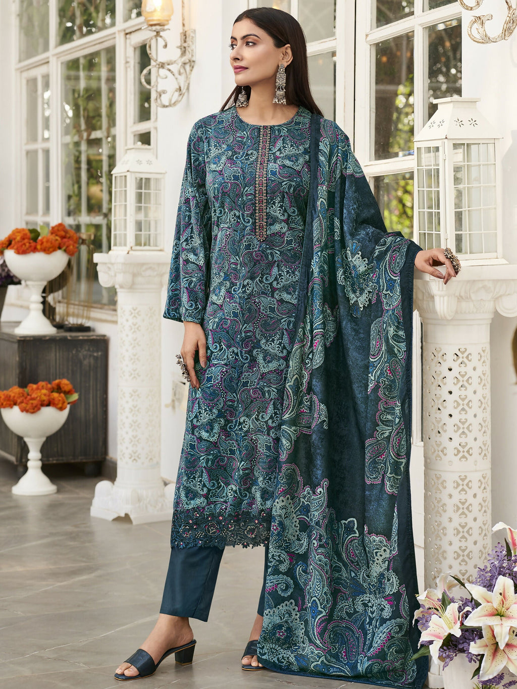 Jyoti Fashion Women's Navy Blue Velvet Digital Print with Resham Thread work Kurta with Trouser & Dupatta | Grocsy