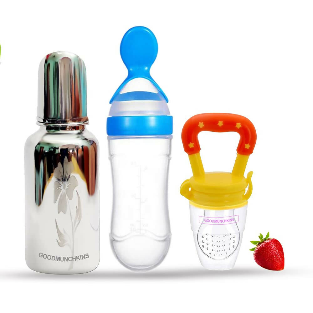 Goodmunchkins Stainless Steel Feeding Bottle, Food Feeder & Fruit Feeder Combo for Baby-(Blue-Yellow, 220ml) | Grocsy