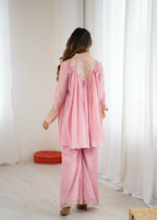 Teeya Creation Baby Pink Heavy Chinnon Silk Embroidery Work Plazo pair | Grocsy