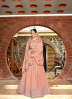 Peach Chinon Crushed Sequence and Thread Embroidery Work Lehenga Choli with Dupatta - Viharini | Grocsy