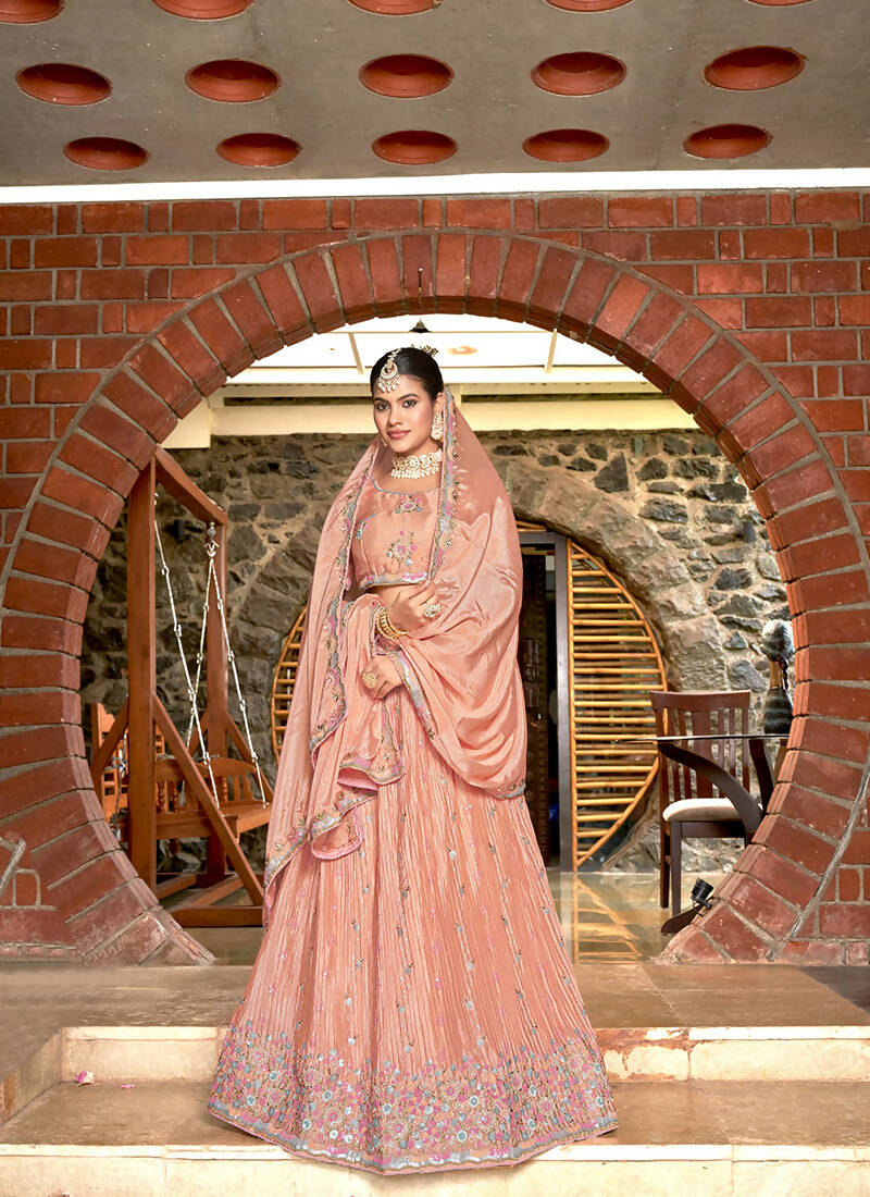Peach Chinon Crushed Sequence and Thread Embroidery Work Lehenga Choli with Dupatta - Viharini | Grocsy