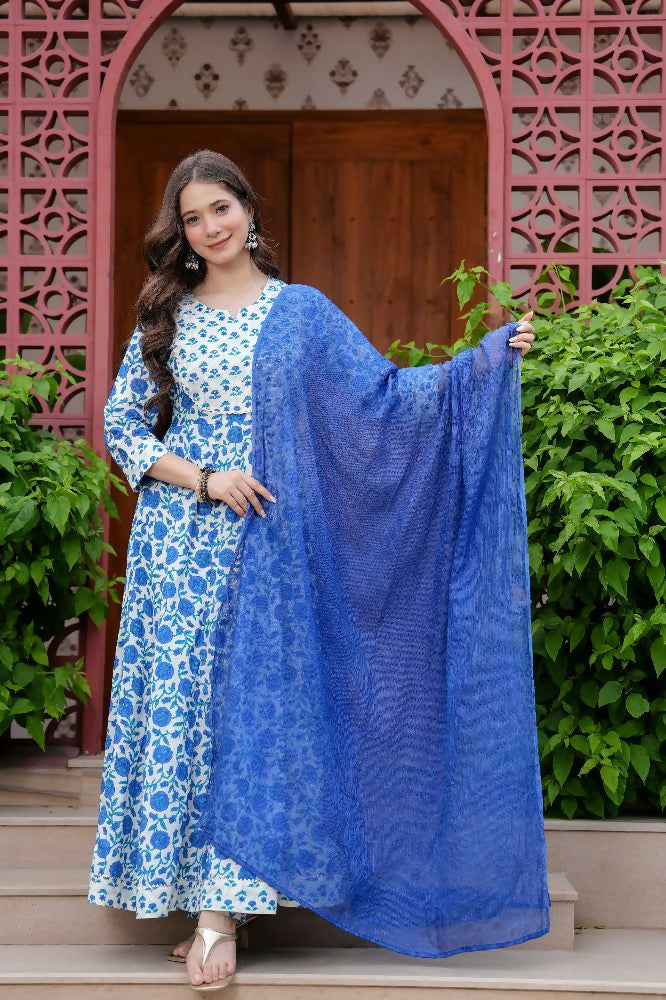 Jaimini Women Cotton Printed Round Neck Calf Length Flared Kurta Pant And Dupatta Set | Grocsy