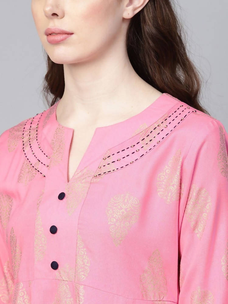 Yufta Women Pink & Golden Printed Kurta with Palazzo | Grocsy