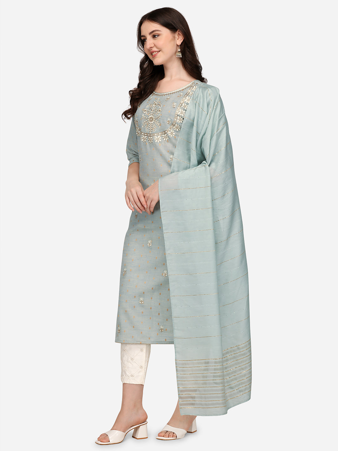 Embroidered Kurta With Pant & Dupatta Set, Multicolor - Hiral Fashion | Grocsy