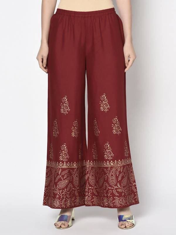 Aniyah Rayon Maroon Color Block Print Flared Slip-On Palazzo (AN-213K) | Grocsy