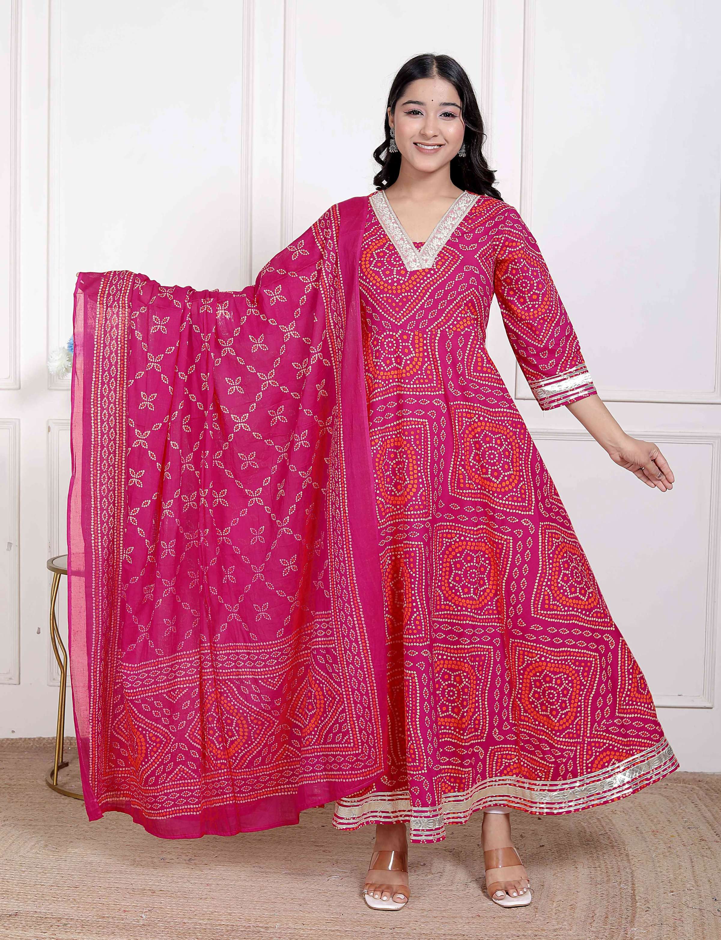 Miravan Women's Bandhani Ethnic Anarkali Kurta and Dupatta | Grocsy