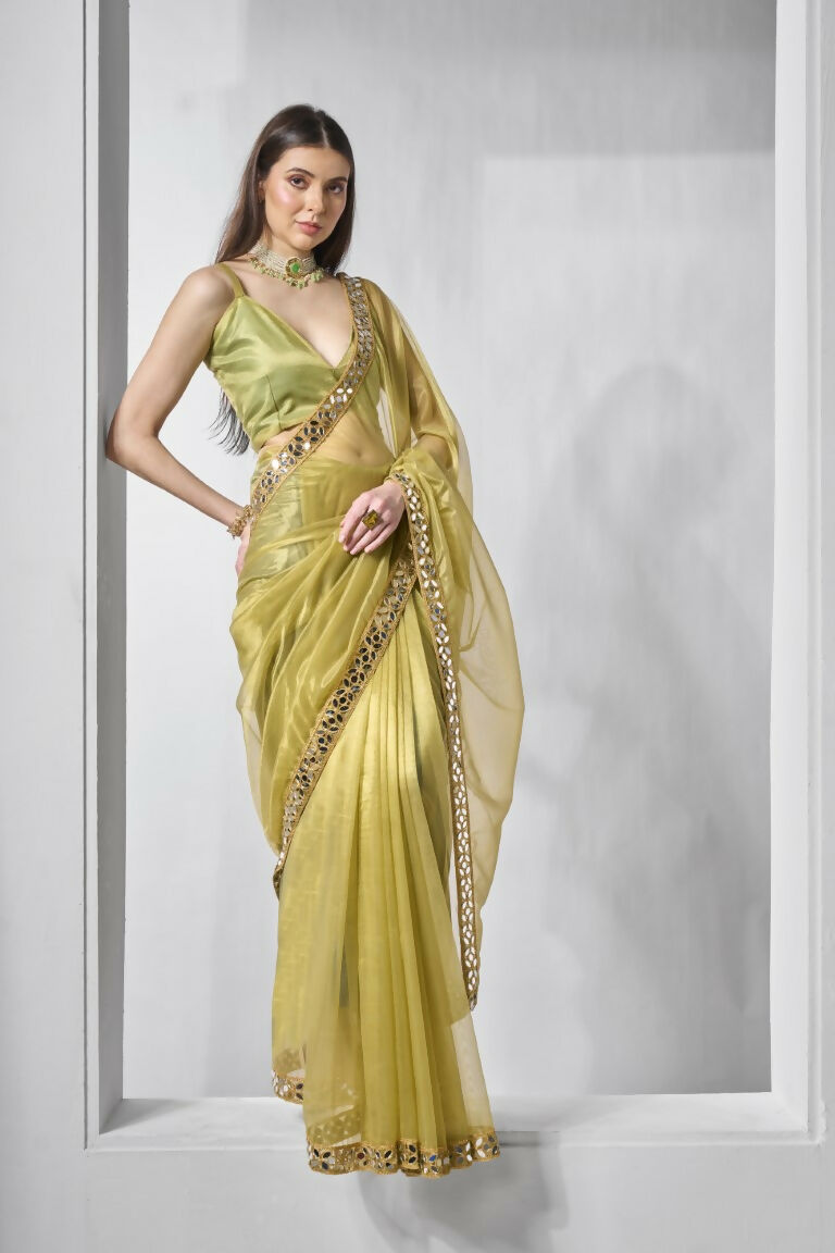 Green Gold Tissue Net Solid & Gold Cotted Saree - Samaa | Grocsy