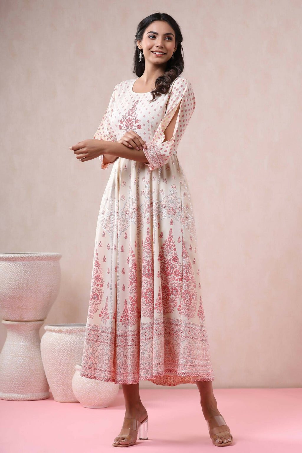 Juniper Women Ivory American Crepe Printed Flared Dress | Grocsy
