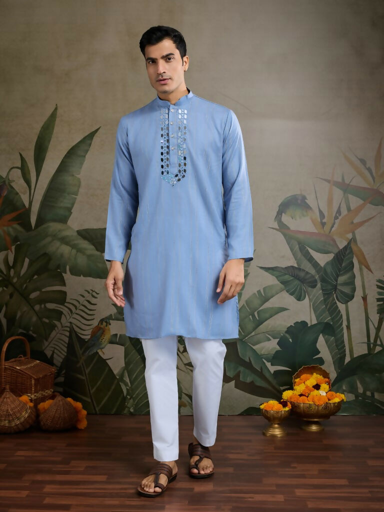 Vastranavya Light Blue Exclusive Viscose Silk Festival Wear Real Mirror Work Kurta with Dupatta | Grocsy