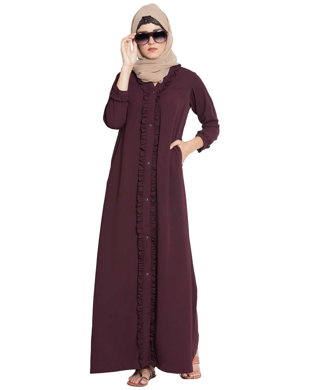 Bashariya Front Open Abaya With Ruffled Panels and Side Pockets - Maroon | Grocsy