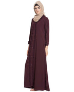 Bashariya Front Open Abaya With Ruffled Panels and Side Pockets - Maroon | Grocsy