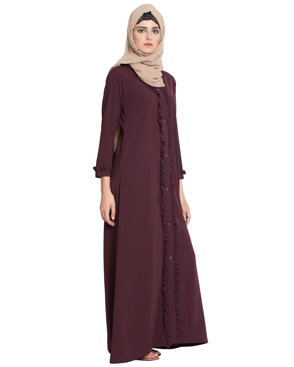 Bashariya Front Open Abaya With Ruffled Panels and Side Pockets - Maroon | Grocsy