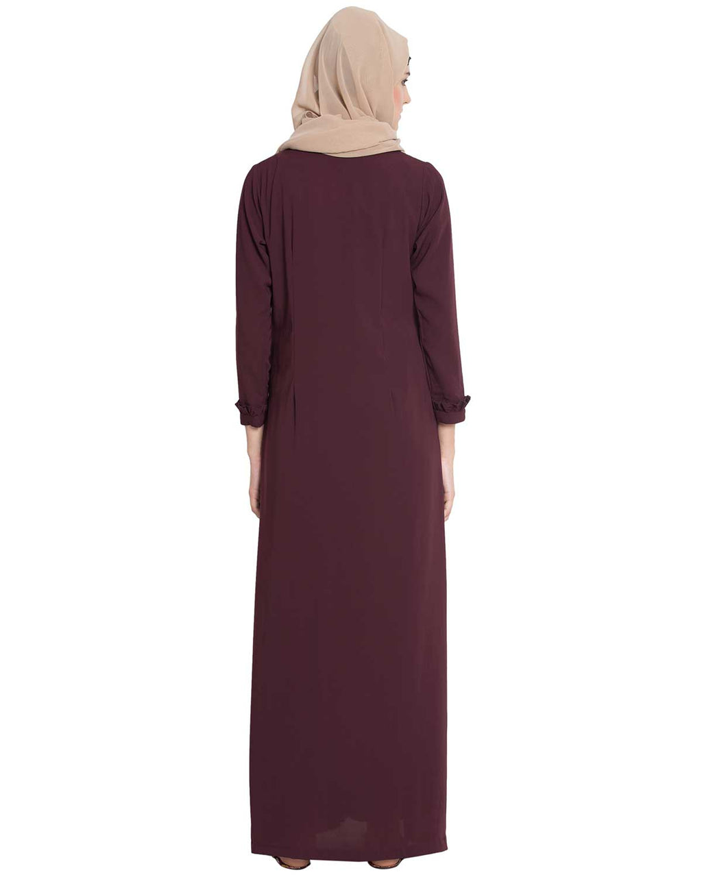 Bashariya Front Open Abaya With Ruffled Panels and Side Pockets - Maroon | Grocsy