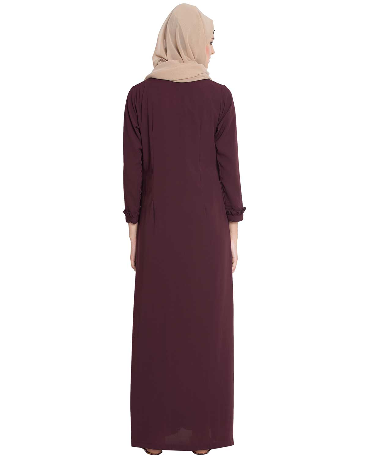 Bashariya Front Open Abaya With Ruffled Panels and Side Pockets - Maroon | Grocsy
