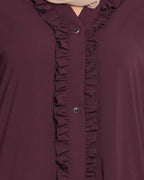 Bashariya Front Open Abaya With Ruffled Panels and Side Pockets - Maroon | Grocsy