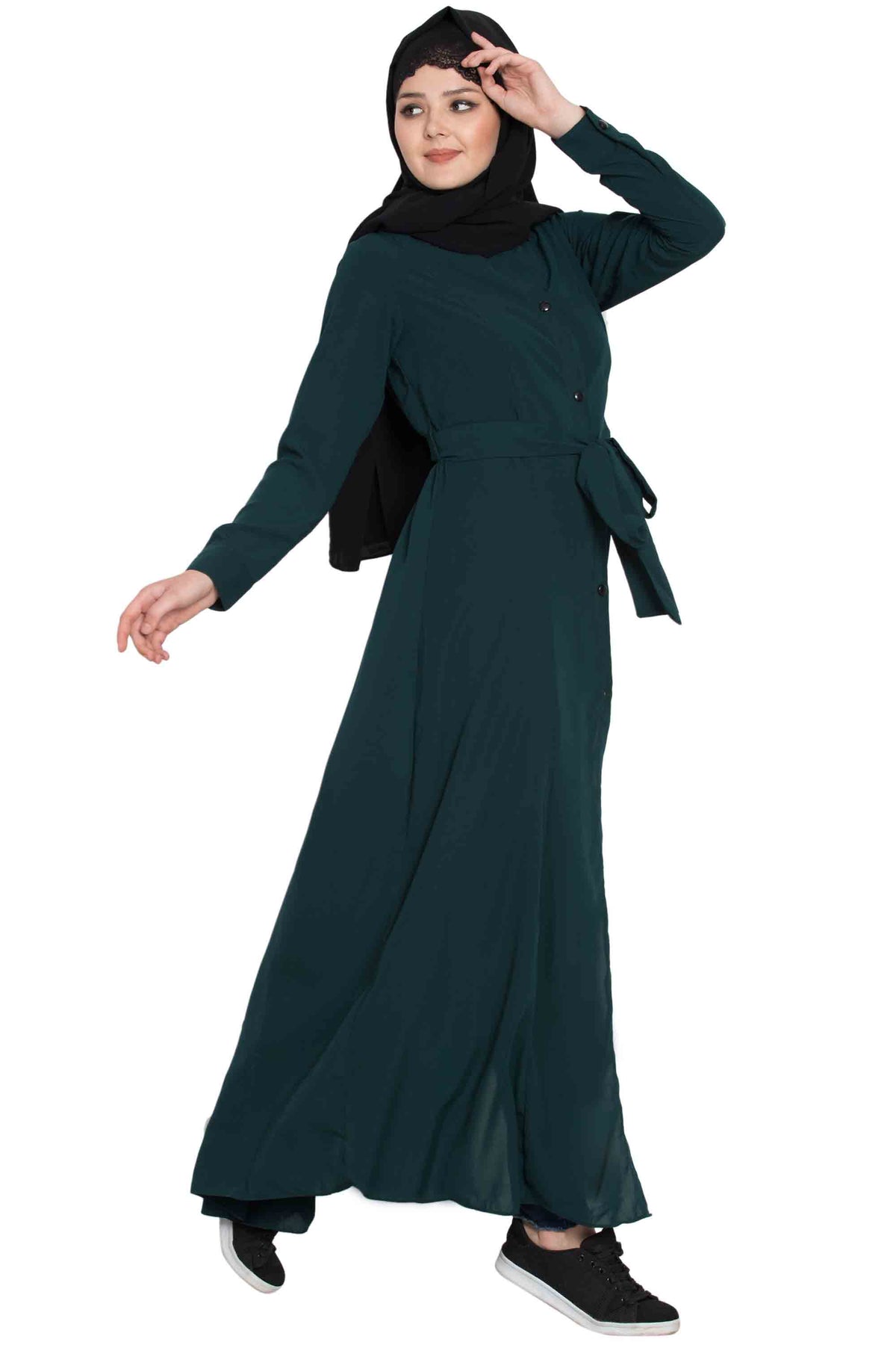 Bashariya Front Open Abaya In Firdaus Fabric With Fabric Belt and Side Pockets | Grocsy
