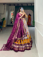 Vastranavya Floral And Patola Print With Foil Work Lehenga with Unstitched Blouse - Wine | Grocsy