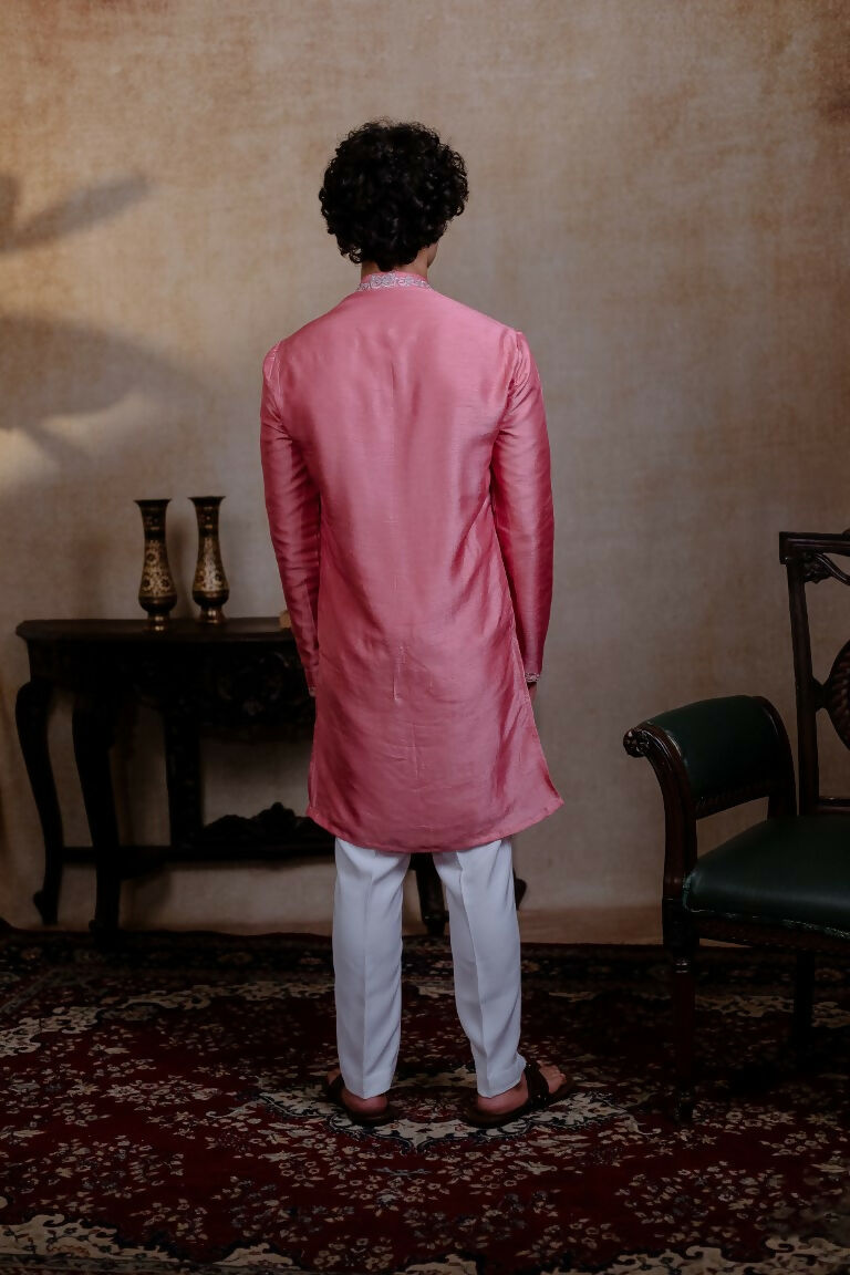 Falling Raw Silk Pink Prism Motif Kurta Set By Hilo Design | Grocsy