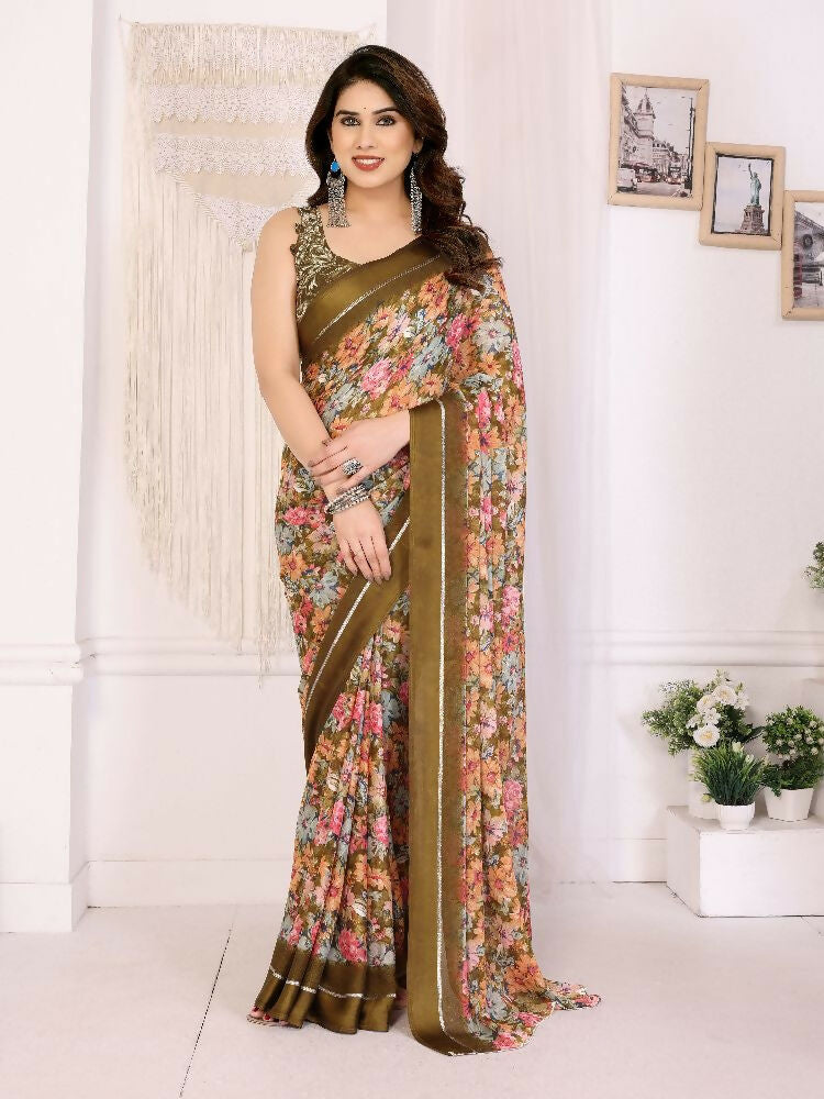 PR Fashion Cream Bright Moss Satin Patta Printed Saree | Grocsy
