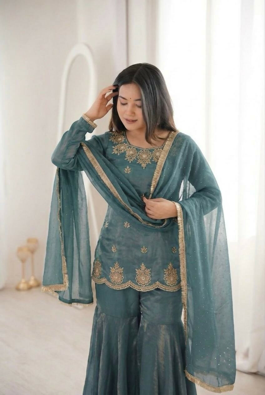 Teeya Creation Womens New Fancy Embroidery Sequence Work With Zarkan Diamond Work Teal Kurta Set | Grocsy