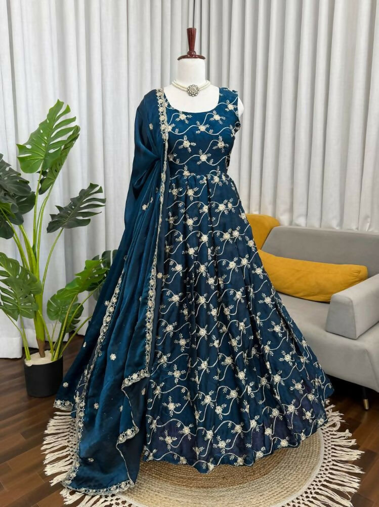 Teeya Creation Blue Color Fendy Silk Heavy Embroidery Work Wedding Wear Long Gown | Grocsy