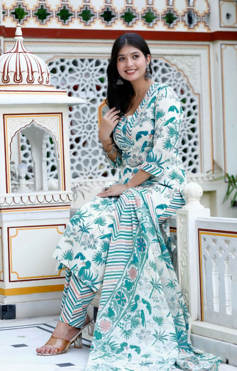 Miravan Women's Light Green Scenic Birds And Leaf Straight Pakistani Style Suit Set | Grocsy