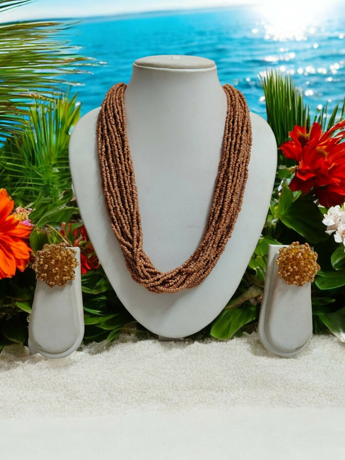 Inhanns Vibrant Handmade 20 Layers Beaded Necklace With Matching Earrings - Sandalwood | Grocsy