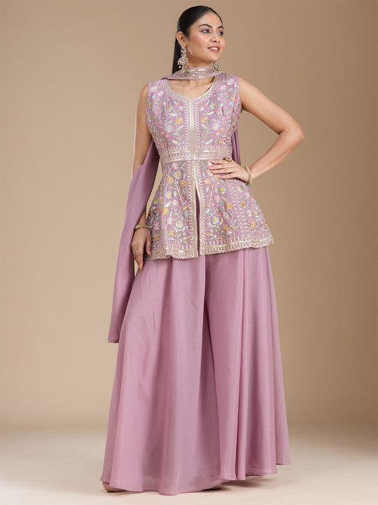 Teeya Creation Lavender Color Star Georgette Party Wear Designer Peplum Sharara Set | Grocsy