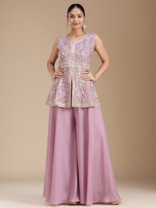 Teeya Creation Lavender Color Star Georgette Party Wear Designer Peplum Sharara Set | Grocsy