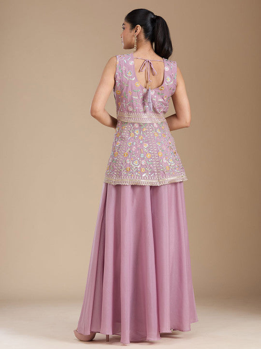Teeya Creation Lavender Color Star Georgette Party Wear Designer Peplum Sharara Set | Grocsy