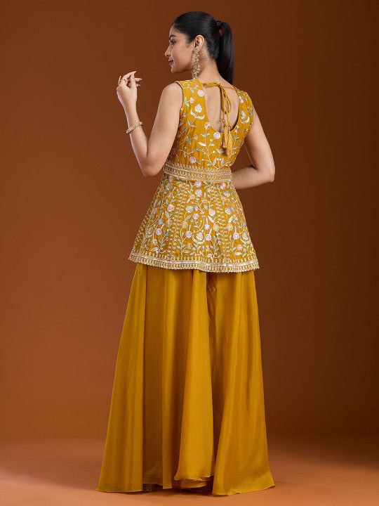 Teeya Creation Yellow Color Star Georgette Party Wear Designer Peplum Sharara Set | Grocsy