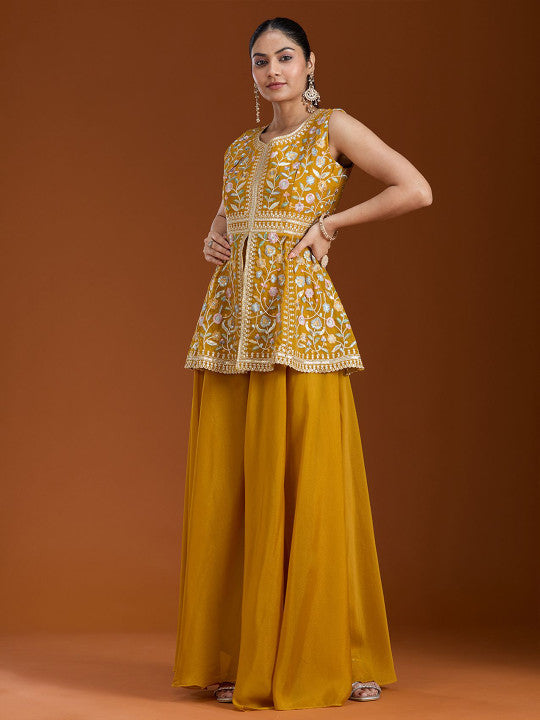 Teeya Creation Yellow Color Star Georgette Party Wear Designer Peplum Sharara Set | Grocsy
