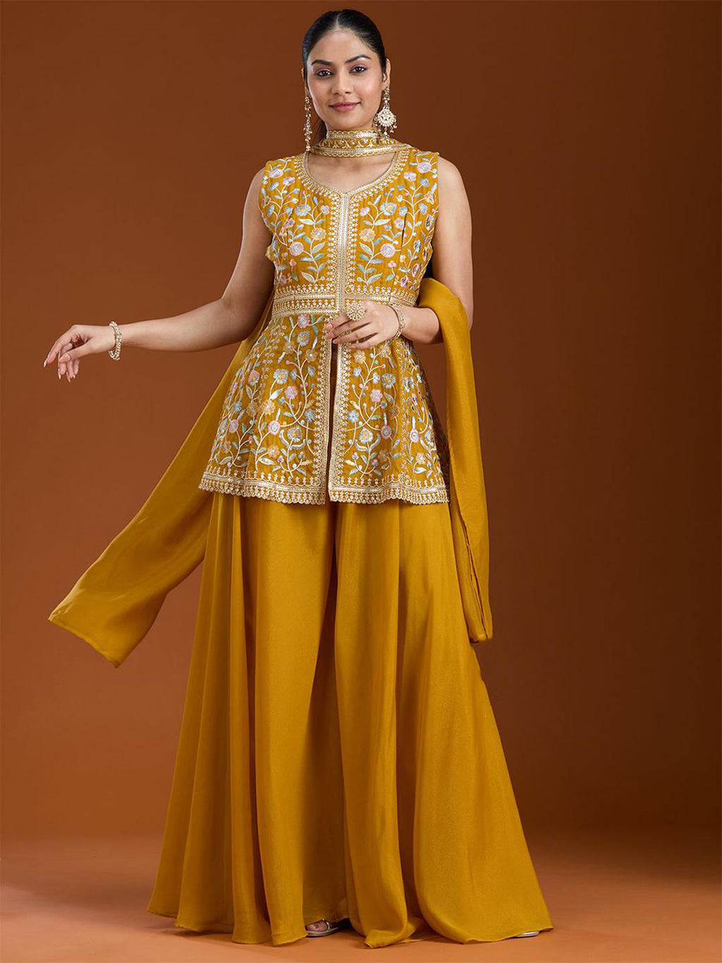 Teeya Creation Yellow Color Star Georgette Party Wear Designer Peplum Sharara Set | Grocsy
