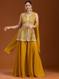 Teeya Creation Yellow Color Star Georgette Party Wear Designer Peplum Sharara Set | Grocsy