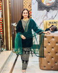 Lehenga Mart Styleylish Velvet Sequence Embroidery Work Suit Pant With Dupatta -Green | Grocsy