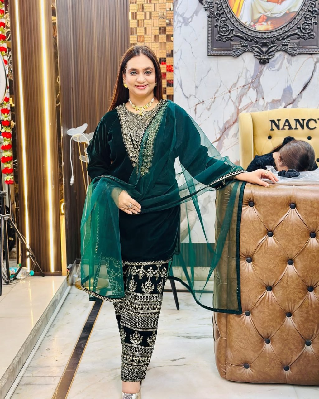 Lehenga Mart Styleylish Velvet Sequence Embroidery Work Suit Pant With Dupatta -Green | Grocsy
