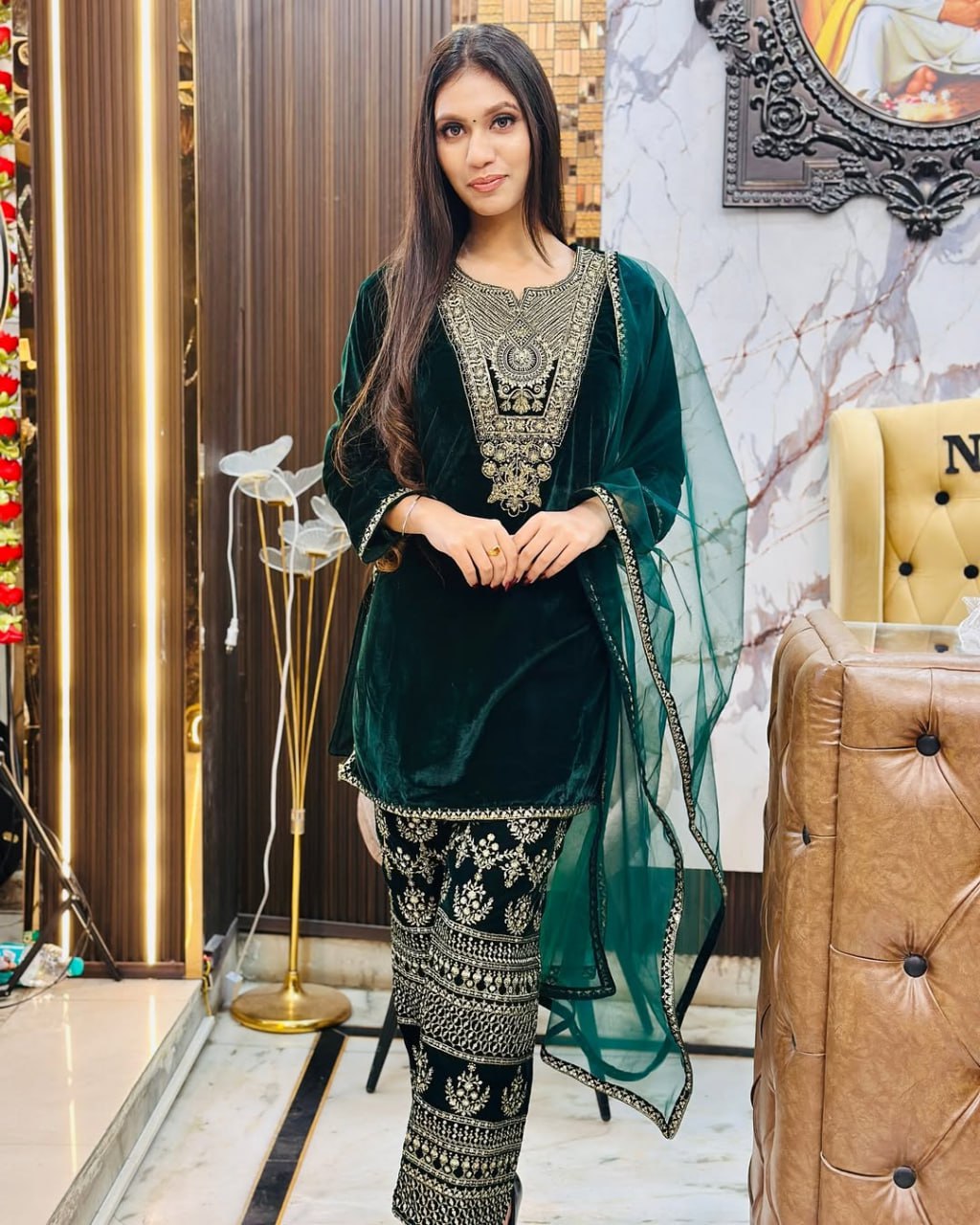 Lehenga Mart Styleylish Velvet Sequence Embroidery Work Suit Pant With Dupatta -Green | Grocsy