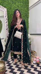 Lehenga Mart Designer Heavy Pure Viscose Velvet Top Pant & Dupatta Set-Green | Grocsy