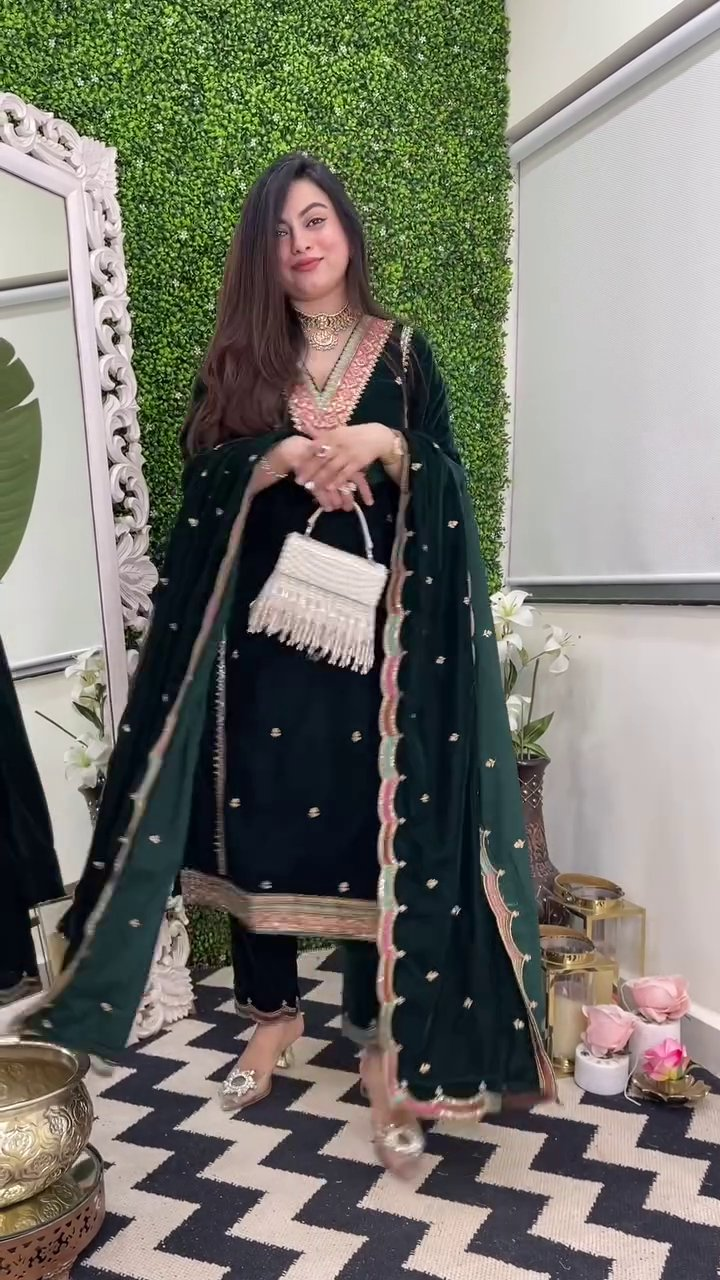 Lehenga Mart Designer Heavy Pure Viscose Velvet Top Pant & Dupatta Set-Green | Grocsy