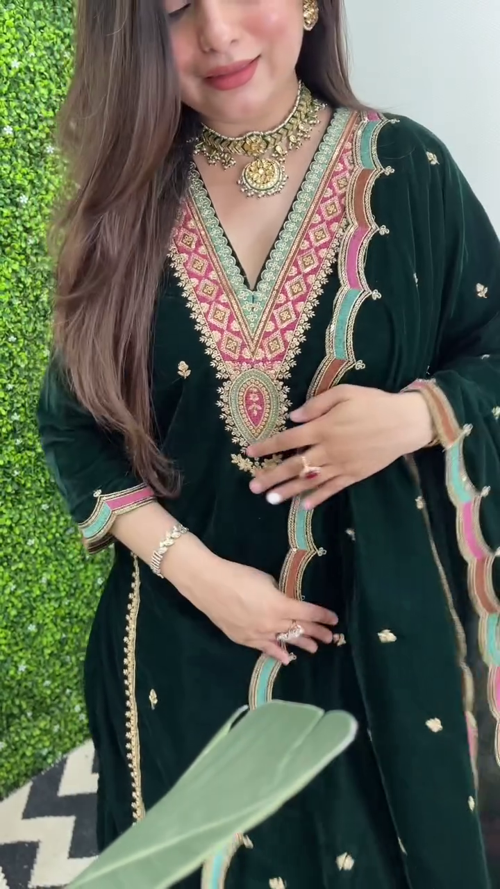 Lehenga Mart Designer Heavy Pure Viscose Velvet Top Pant & Dupatta Set-Green | Grocsy