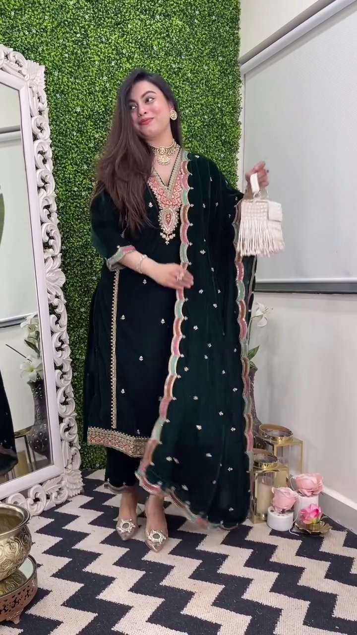 Lehenga Mart Designer Heavy Pure Viscose Velvet Top Pant & Dupatta Set-Green | Grocsy