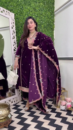 Lehenga Mart Designer Heavy Pure Viscose Velvet Top Pant & Dupatta Set-Purple | Grocsy