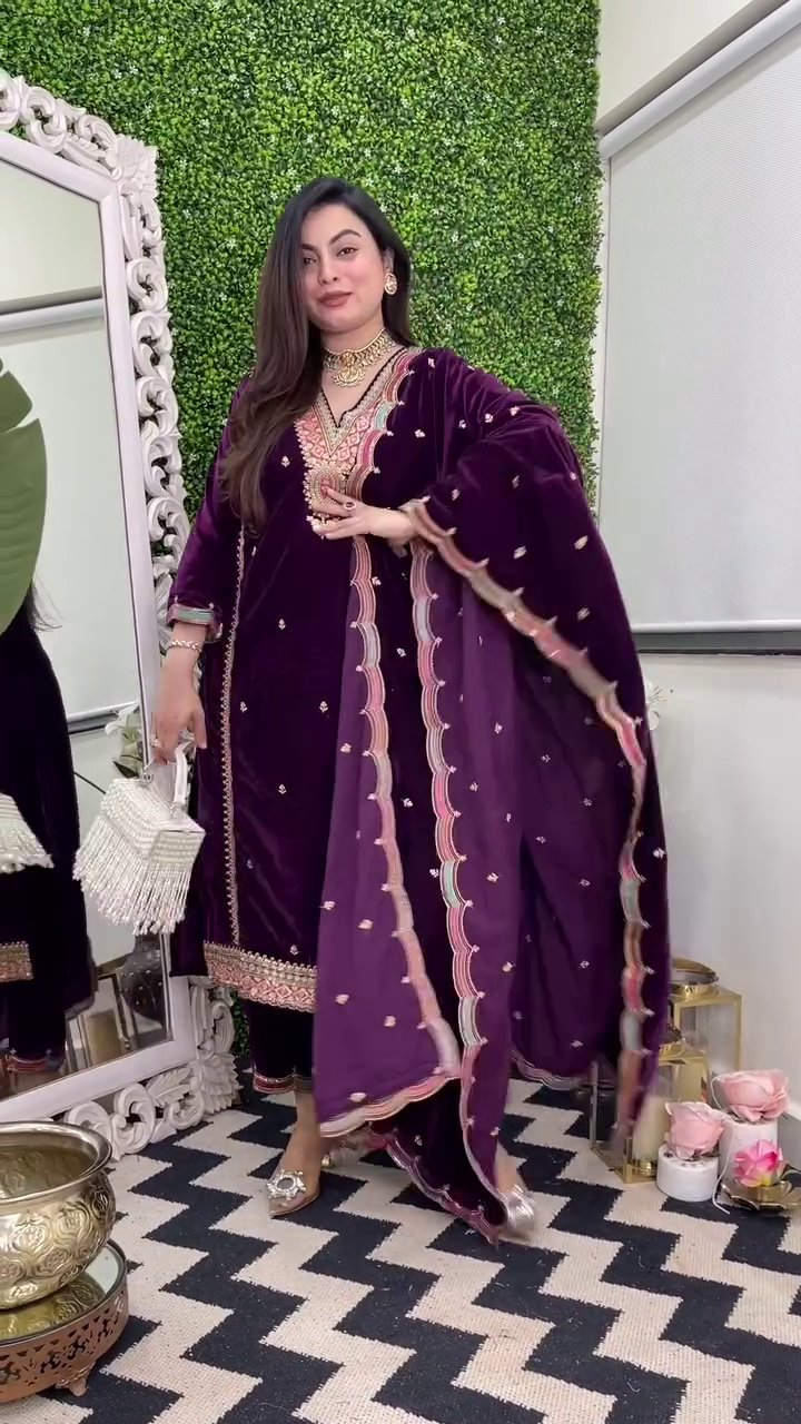 Lehenga Mart Designer Heavy Pure Viscose Velvet Top Pant & Dupatta Set-Purple | Grocsy