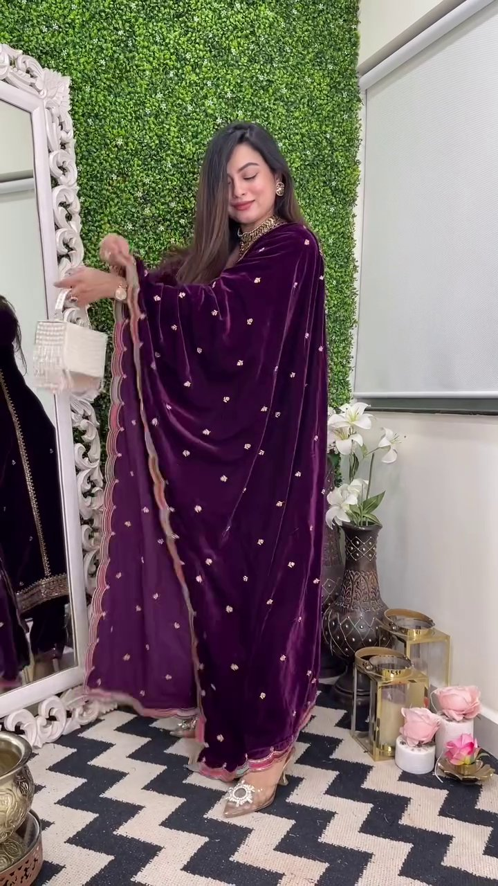 Lehenga Mart Designer Heavy Pure Viscose Velvet Top Pant & Dupatta Set-Purple | Grocsy